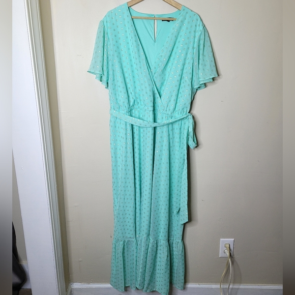 Lane Bryant Chiffon Maxi Dress Flutter Sleeve Dotted Mint Green Flowy 2X - Picture 2 of 10